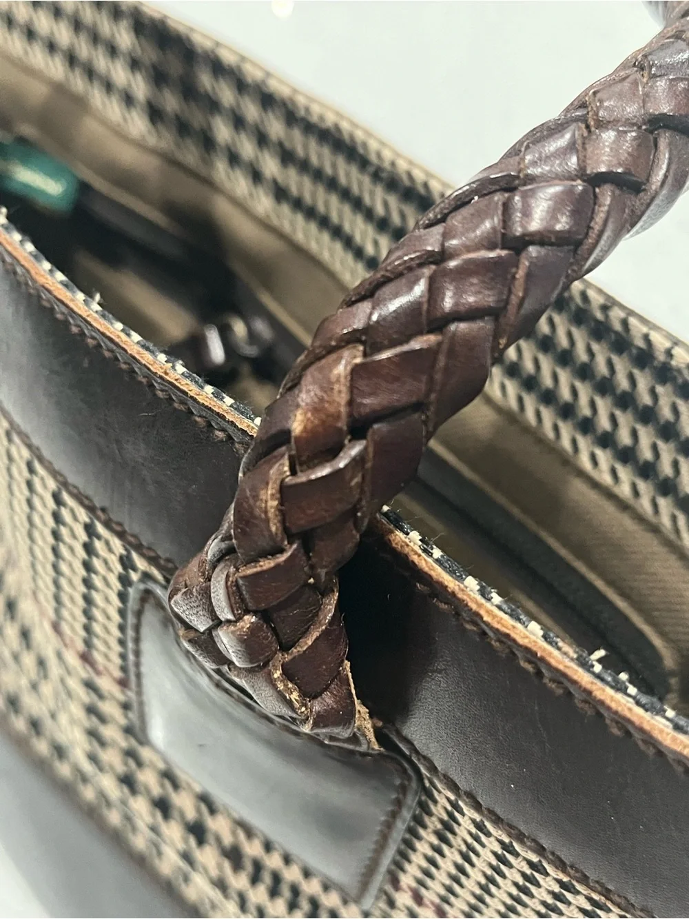 Ralph Lauren Heather Glen Houndstooth Tote with Leather Trim & Braided Strap